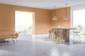 Beige and white kitchen corner, bar and sofa Royalty Free Stock Photo