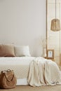 Beige and white pillows on comfortable bed, flower in vase and picture in frame on nightstand, copy space on empty wall Royalty Free Stock Photo
