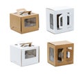 Beige and white windowed cardboard boxes with handles. Over white