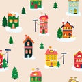 Beige Winter Houses Seamless Pattern