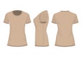 Beige woman`s t-shirt template with front, side and back views