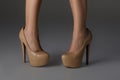 Beige women`s shoes. Woman in high heels shoes