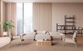 Beige and wooden living room interior with couch and bookshelves