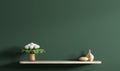 Shelf with bouquet of white roses in copper vase over dark green wall 3d rendering Royalty Free Stock Photo