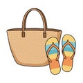 Beige Woven Beach Bag and Orange Blue Flip Flops Royalty Free Stock Photo