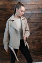 beige young fashion stylish leather portrait jacket beauty female model style woman