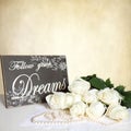 BeigeTexture Background - White Roses - Pearls - Wood Sign Royalty Free Stock Photo