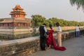 BEIJING, CHINA - AUGUST 28, 2018: Wedding shooting preparation at the Forbidden City moat in Beijing, Chi