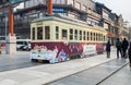 Christmas decorated old tram at Qianmen street in Beijing city. China Royalty Free Stock Photo