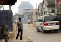 BEIJING, CHINA - Hutong ancient street with Drum Tower on a background Royalty Free Stock Photo