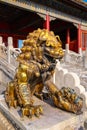Lion sculptures at Qianqingmen gate - The Gate of Heavenly Purity in the Forbidden City Royalty Free Stock Photo