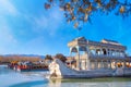 Beijing, China - Jan 13 2020: Marble Boat AKA Boat of Purity and Ease is a lakeside pavilion of the Beijing Summer Palace, first Royalty Free Stock Photo