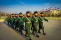 BEIJING, CHINA - 29 JANUARY, 2017: Chinese army soldiers marching on Tianmen square wearing green uniform coats and