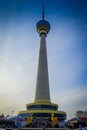 BEIJING, CHINA - 29 JANUARY, 2017: The old CCTV tower of the city, very tall building with golden and glassy dome at top