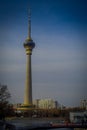 BEIJING, CHINA - 29 JANUARY, 2017: The old CCTV tower of the city, very tall building with golden and glassy dome at top