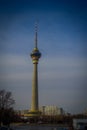 BEIJING, CHINA - 29 JANUARY, 2017: The old CCTV tower of the city, very tall building with golden and glassy dome at top