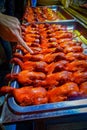 BEIJING, CHINA - 29 JANUARY, 2017: Rows of cooked ducks ready to eat, local chinese food market concept