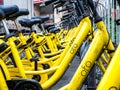 BEIJING, CHINA - MARCH 27, 2018: Ofo Bikes is the new bike sharing company in China. Ofo is a popular bike sharing platform where
