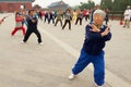 Group of senior people practice tai chi chuan gymnastics outdoors in Beijing, China.