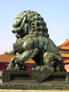 Beijing, China - November 10, 2010: Sculpture of guardian lion at the Gate of Supreme Harmony, the second major gate in the south
