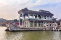The Marble Boat or Boat of Purity and Ease a lakeside pavilion on the grounds of Summer Palace with heavy smog in Beijing China Royalty Free Stock Photo