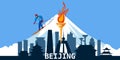 Beijing city skyline, silhouette, torch with flame, symbol sport games, skier. Winter mountaine landscape background