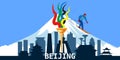 Beijing city skyline, silhouette, torch with flame, symbol sport games, skier. Winter mountaine landscape background