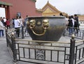Beijing, 5th may: Huge Bronze Water Cistern details on the Palace terrace in the Forbidden City from Beijing