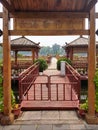 Beijing - A view on patio inside Confucius temple in Beijing, China. There are two smal pavilions on the water Royalty Free Stock Photo