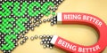 Being better attracts success - pictured as word Being better on a magnet to symbolize that Being better can cause or contribute