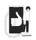 Being chained to smartphone black and white concept vector spot illustration