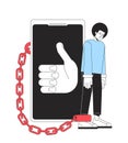 Being chained to smartphone line concept vector spot illustration