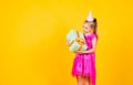 Being excited and surprised to get birthday present. Smiling funny child. Happy child hold shopping gift. cyber monday Royalty Free Stock Photo