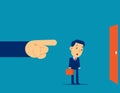 Being Fired. Manager finger showing the exit door. Concept business fired vector illustration, Kid flat cartoon business character