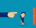 Being Fired. Manager finger showing the exit door. Concept business fired vector illustration, Kid flat cartoon business character