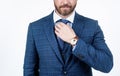 being punctual. cropped guy isolated on white. confident male boss with wristwatch. Royalty Free Stock Photo