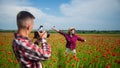 Being together. happy man and woman in love enjoy spring weather. happy relations. girl and guy in field with camera Royalty Free Stock Photo