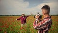Being together. happy man and woman in love enjoy spring weather. happy relations. girl and guy in field with camera Royalty Free Stock Photo