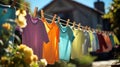 After being washed, childrens colorful clothing dries on a clothesline in the yard outside in the sunlight. Generative AI Royalty Free Stock Photo