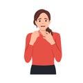 Being worried and stress concept. Portrait of attractive cute scared worried young girl cartoon character biting nails feeling Royalty Free Stock Photo
