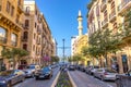 Beirut, Lebanon - Feb 5th 2018 - Amazing very modern area in Beirut downtown, cars, flowers, mosque in the background, french desi Royalty Free Stock Photo