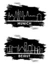 Beirut Lebanon and Munich Germany City Skyline Silhouette. Hand Drawn Sketch