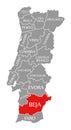 Beja red highlighted in map of Portugal