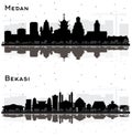 Bekasi and Medan Indonesia City Skyline Silhouettes Set with Black Buildings and Reflections Isolated on White Royalty Free Stock Photo