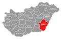 Bekes red highlighted in map of Hungary