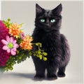Belo gato preto, lindo, olhos azuis, com flores!