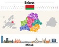 Belarus administrative divisions map. Flag of Belarus. Minsk cityscape. Vector illustration