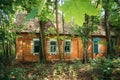 Belarus. Abandoned House Overgrown With Trees And Vegetation In Chernobyl Resettlement Zone. Chornobyl Catastrophe