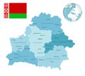 Belarus administrative blue-green map with country flag and location on a globe