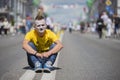 Youth Festival.Punk in bright clothes on a city street